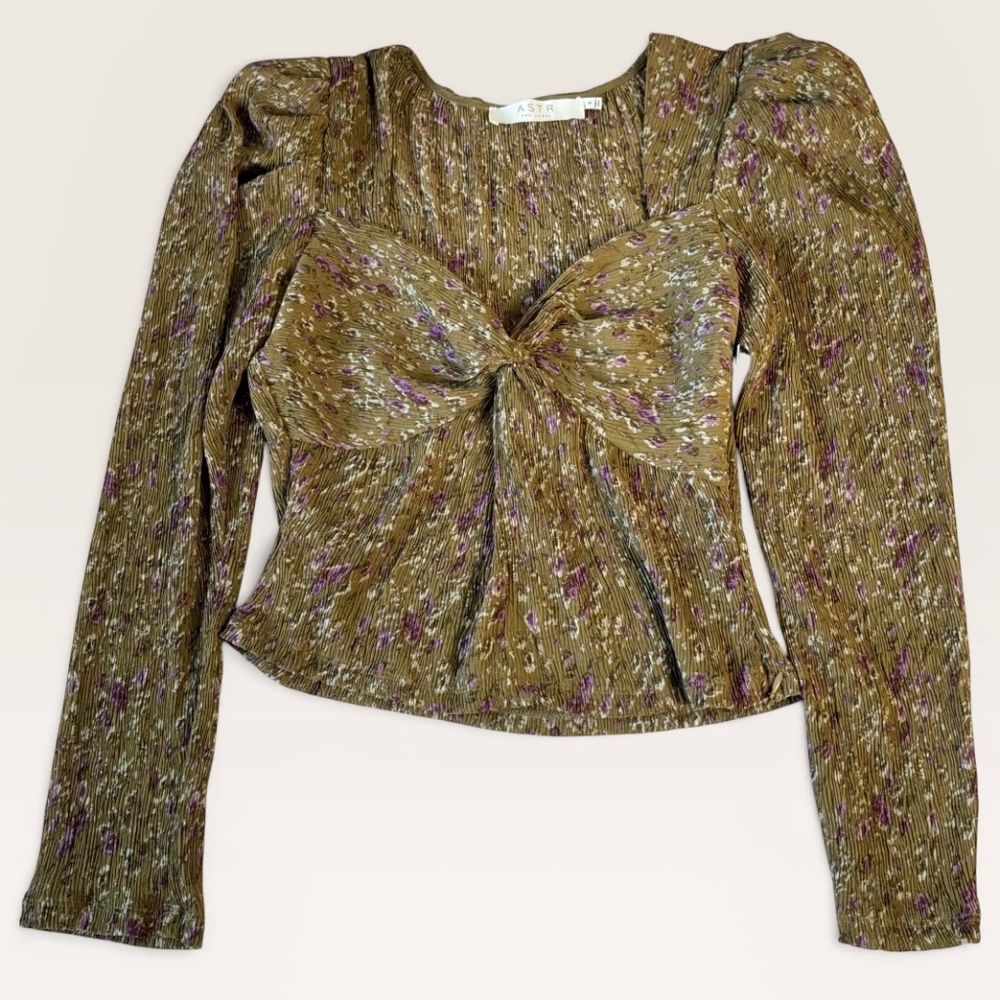 New ASTR The Label Top Olive Green Mustard Floral Puff Sleeve Top Size Small - Picture 10 of 12